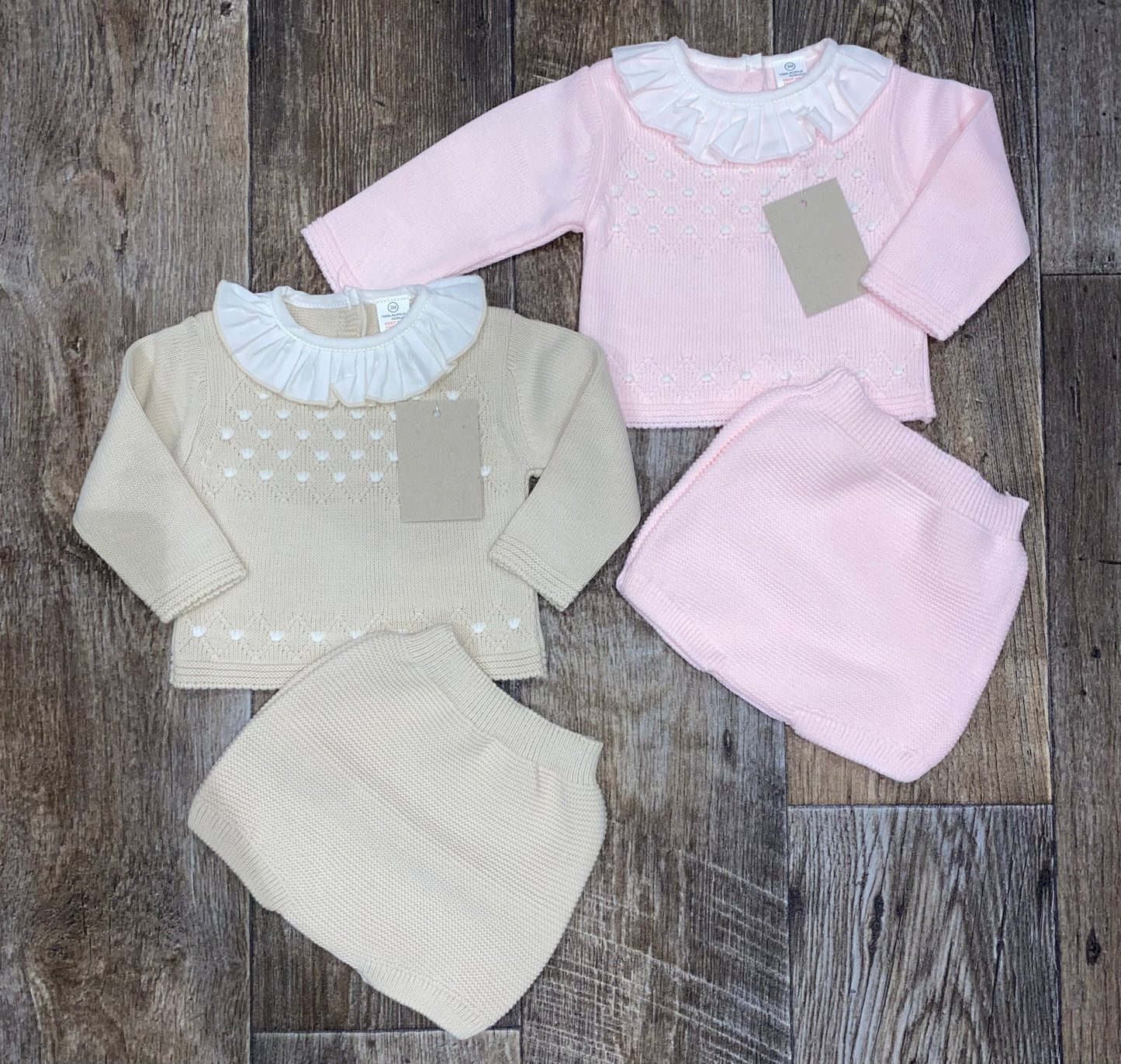 Traditional Spanish knit baby top and jam pants set with ruffle collar