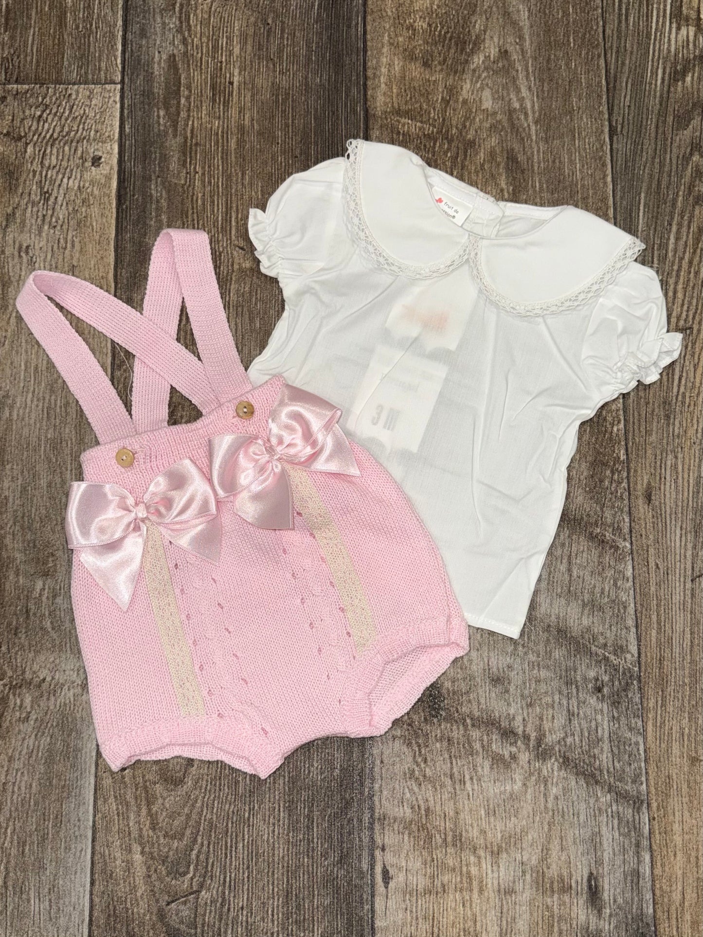 Pink baby girls bloomer dungaree with bows and lace collar