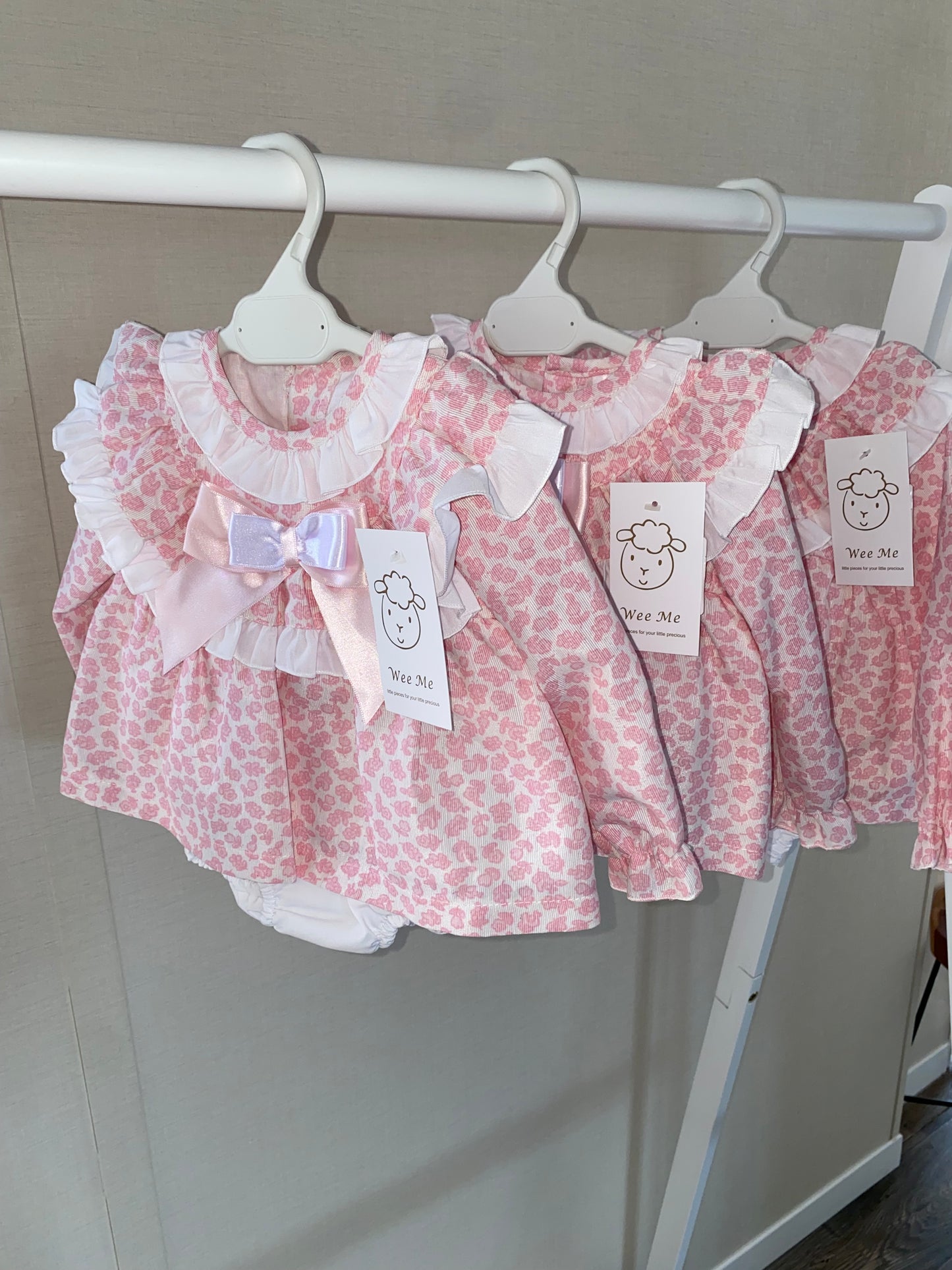 Baby girls pink leopard print long sleeve dress with matching knickers