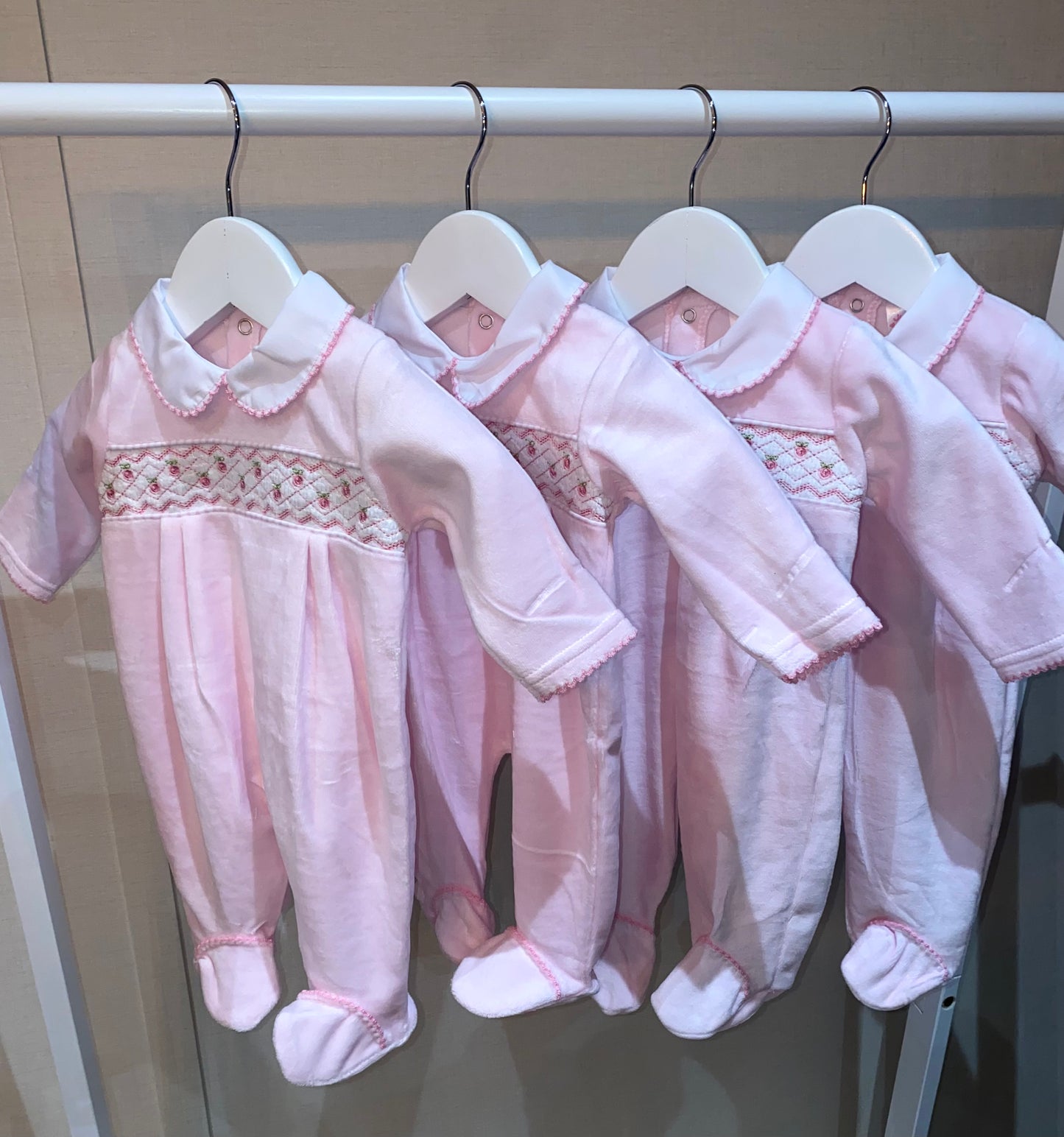Luxury smocked baby girl sleepsuit