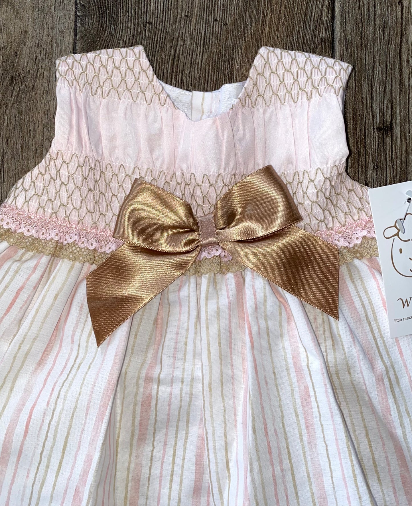 Traditional Wee Me baby girls smocked occasion dress with lace trim