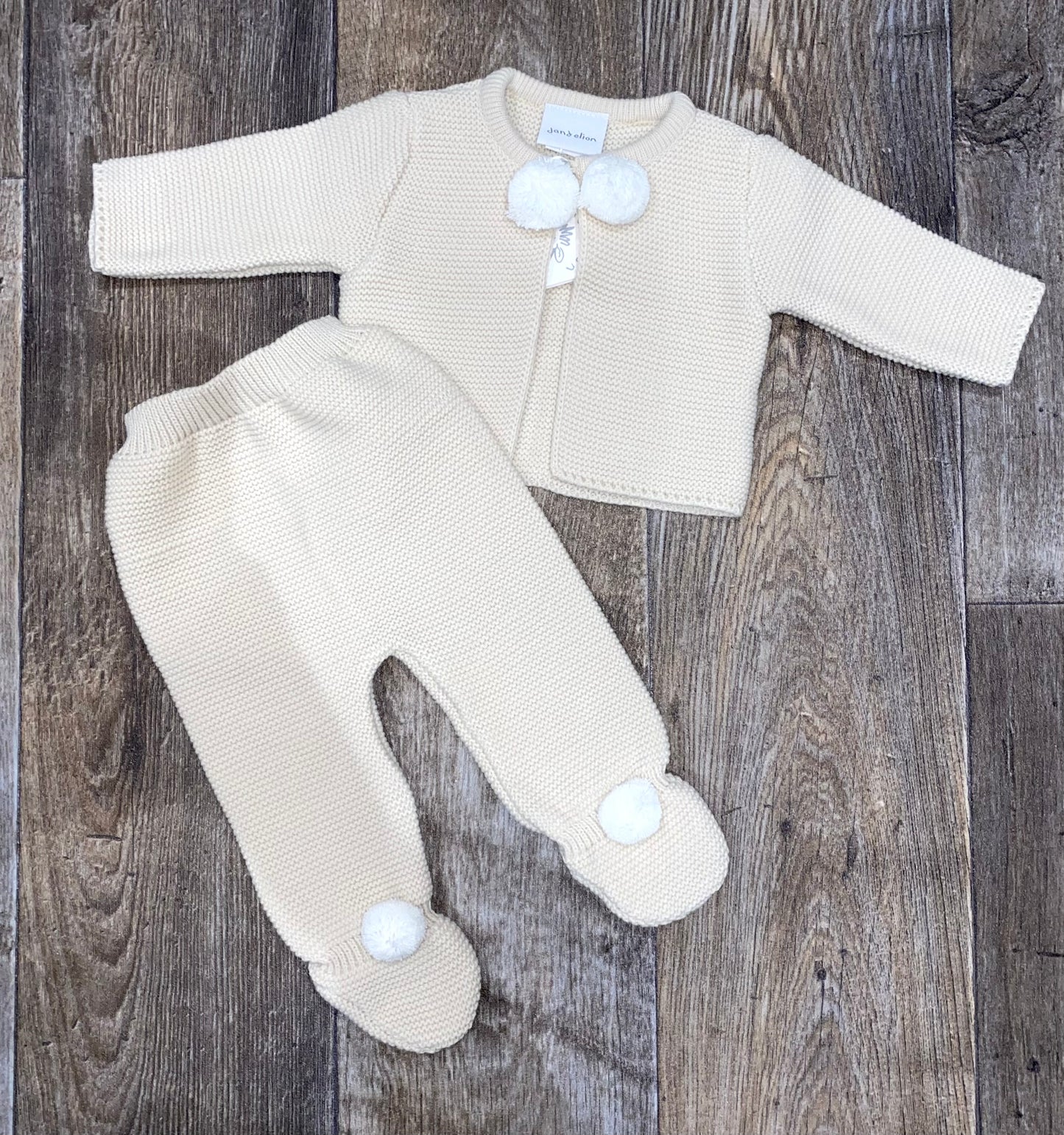 dandelion baby knitted pom pom trouser set