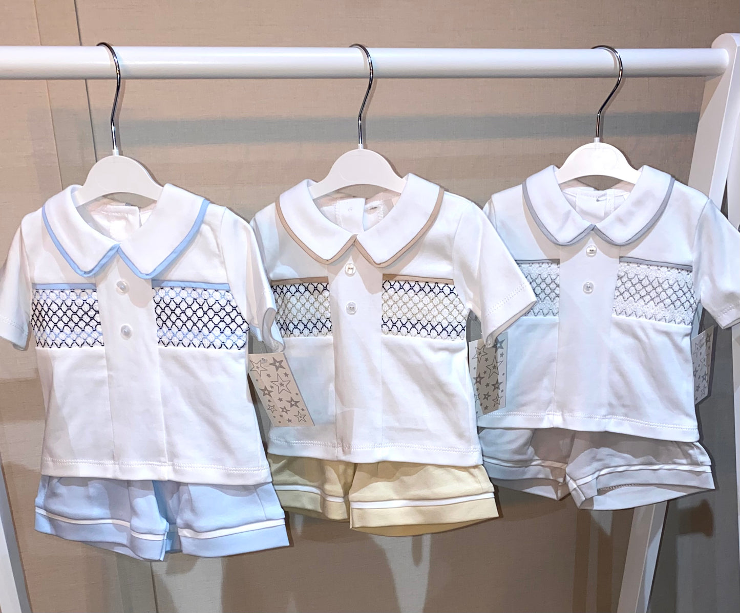 Traditional baby boys smocked shorts set