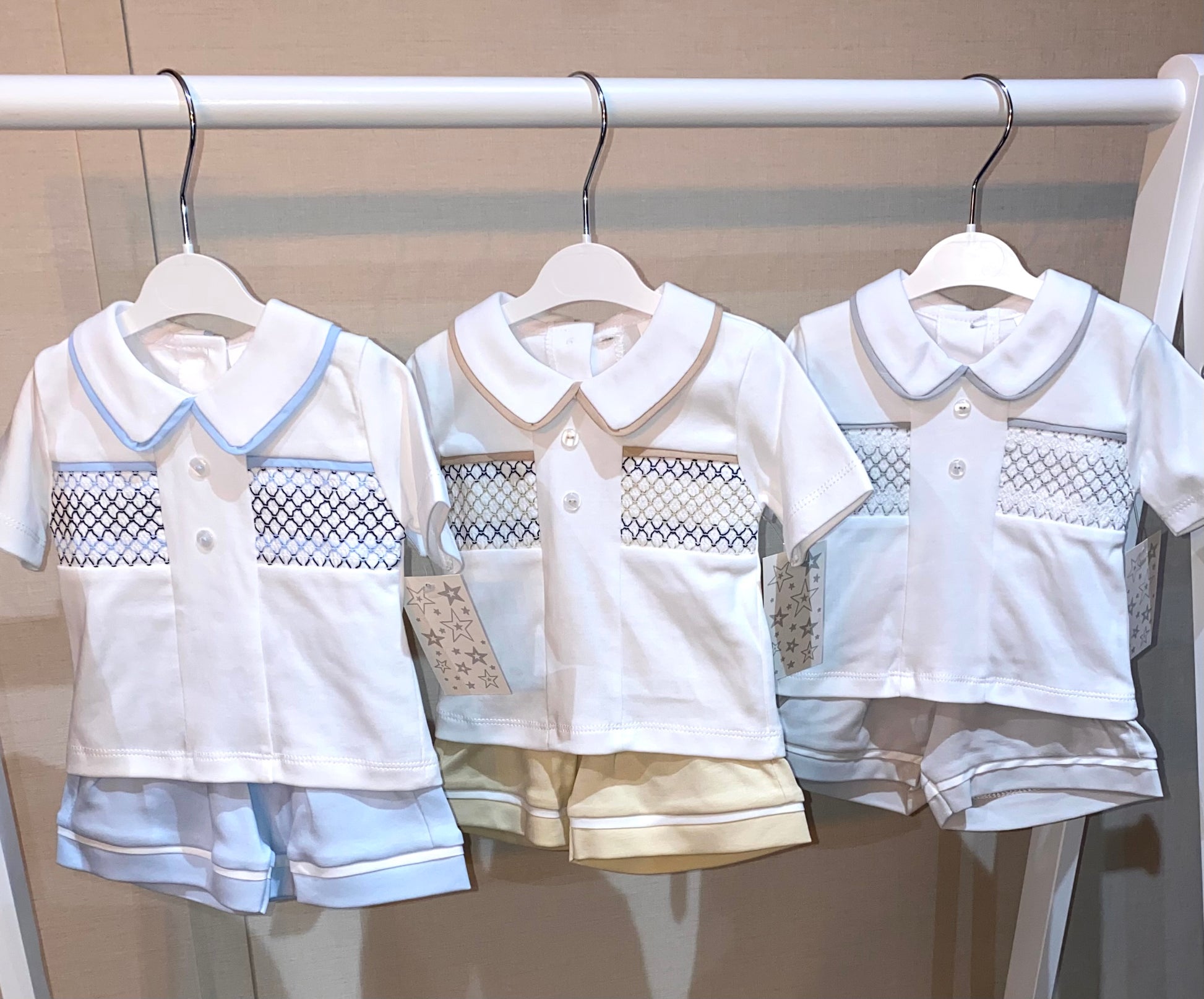 Traditional baby boys smocked shorts set