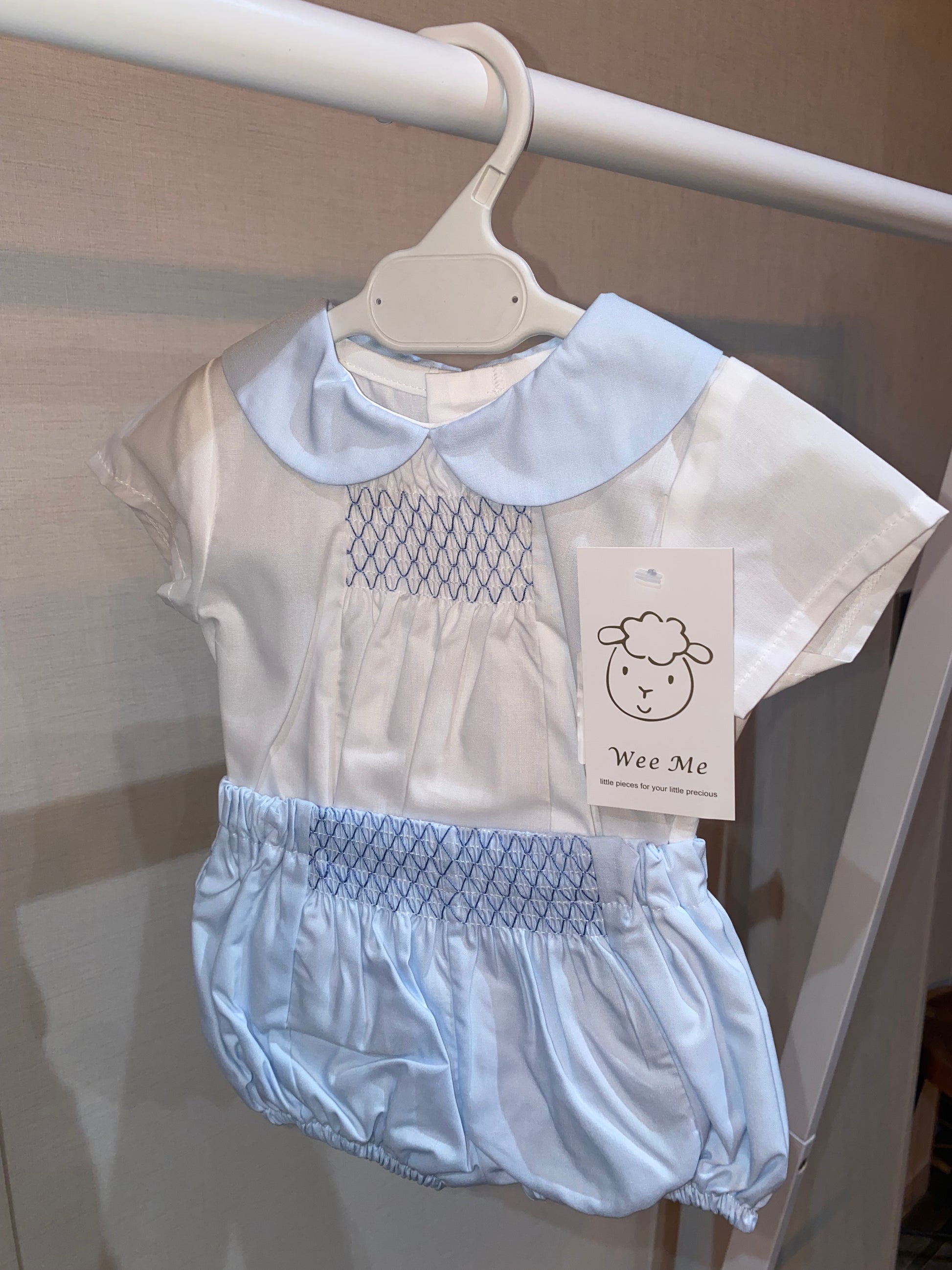 Wee Me Sky blue smocked baby short set with Peter Pan collar