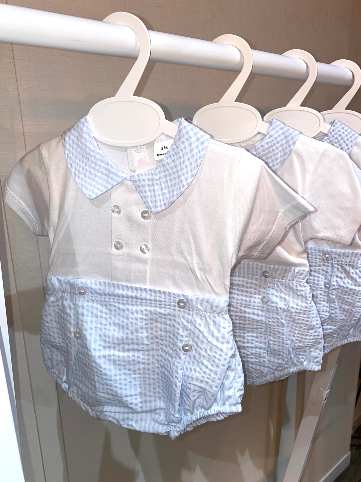 Blue gingham baby romper with Peter Pan collar