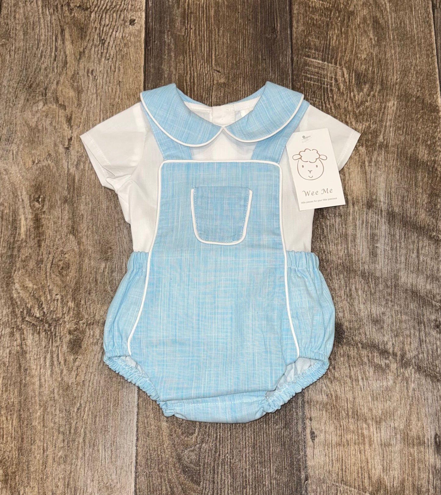 Blue wee me baby dungaree set with white collar top