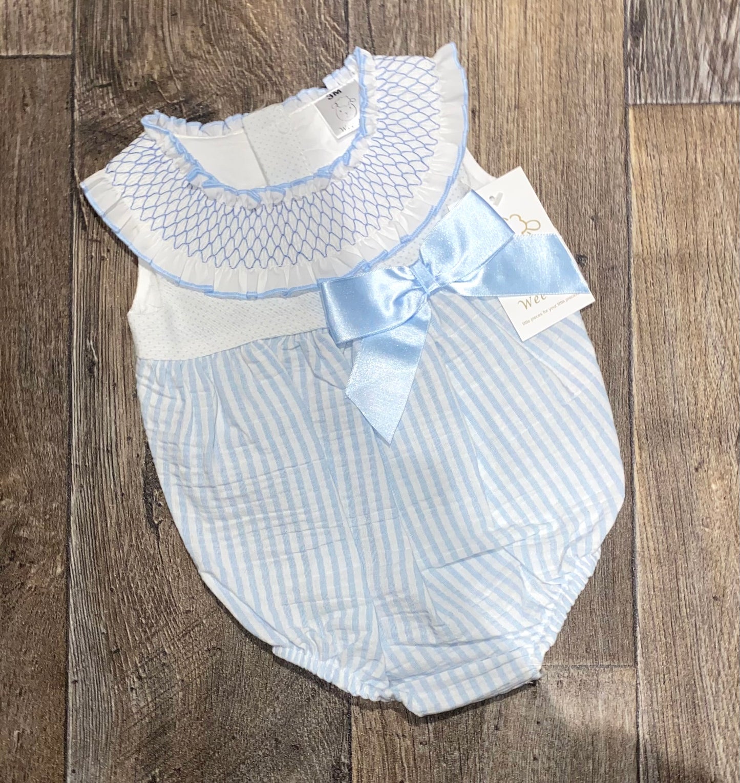 Wee Me Blue and white baby romper with ruffle collar