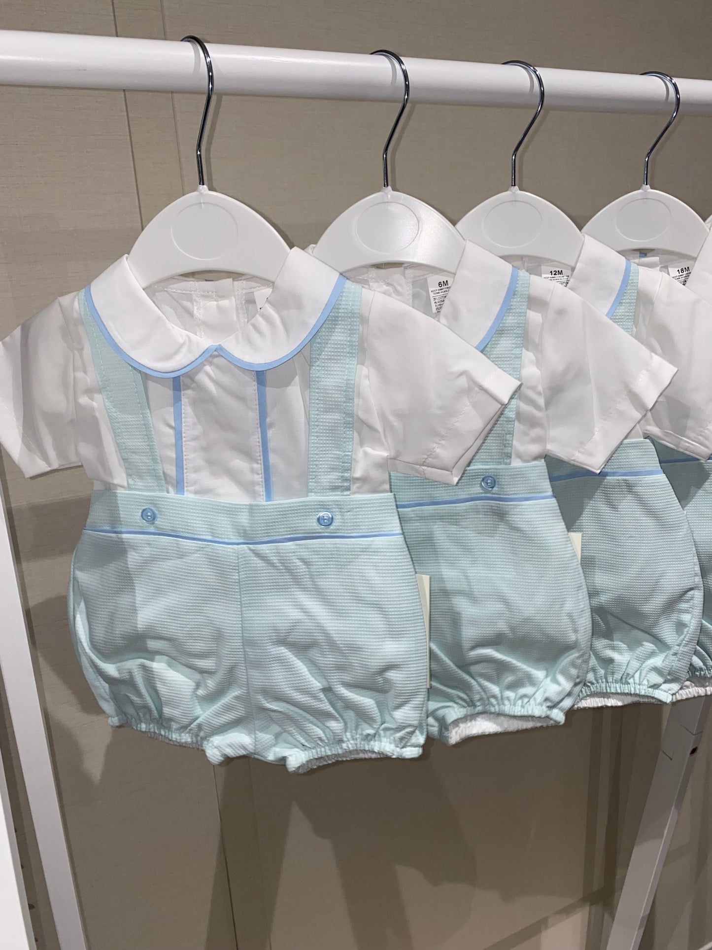 Boutique blue baby romper with white Peter Pan collar shirt