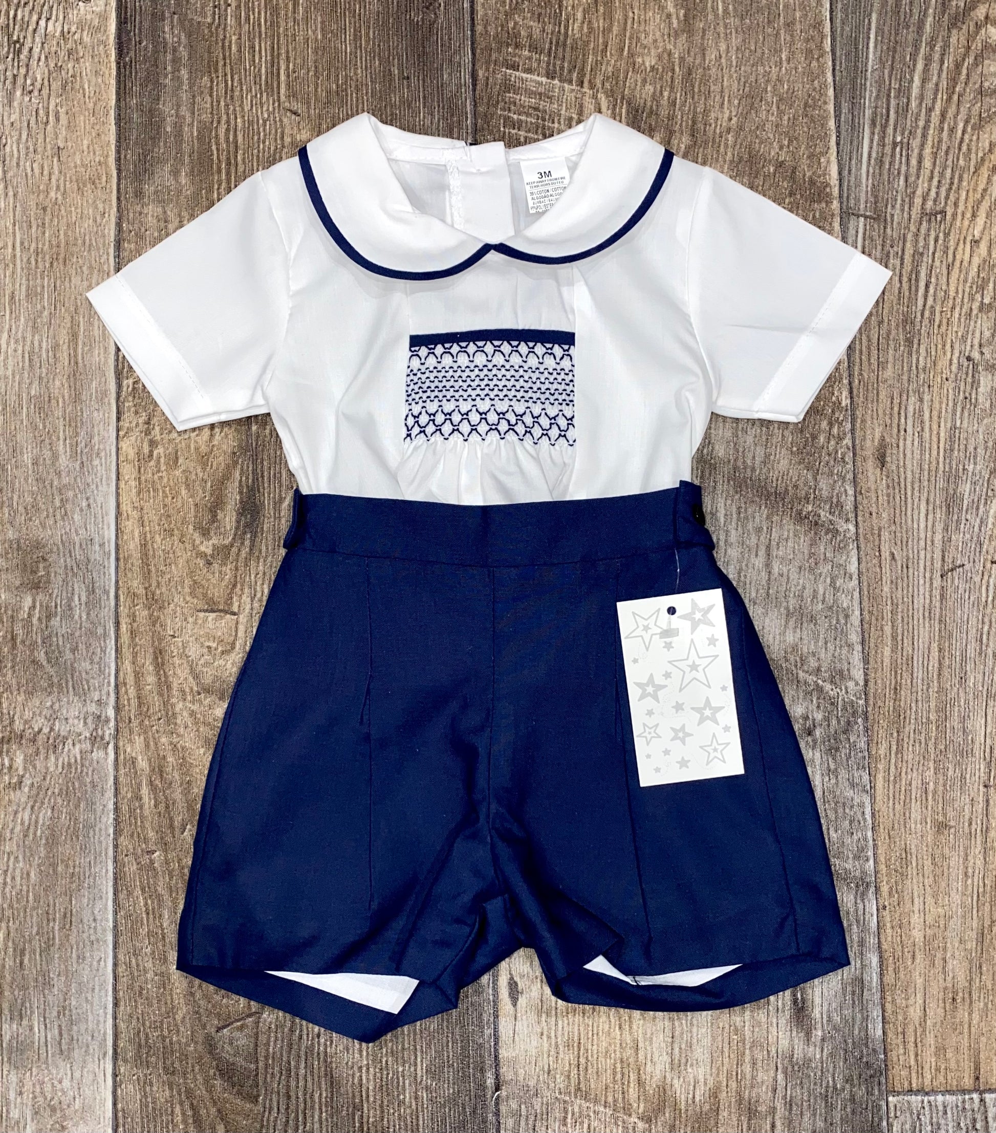Traditional Spanish smocked baby shirt and shorts set