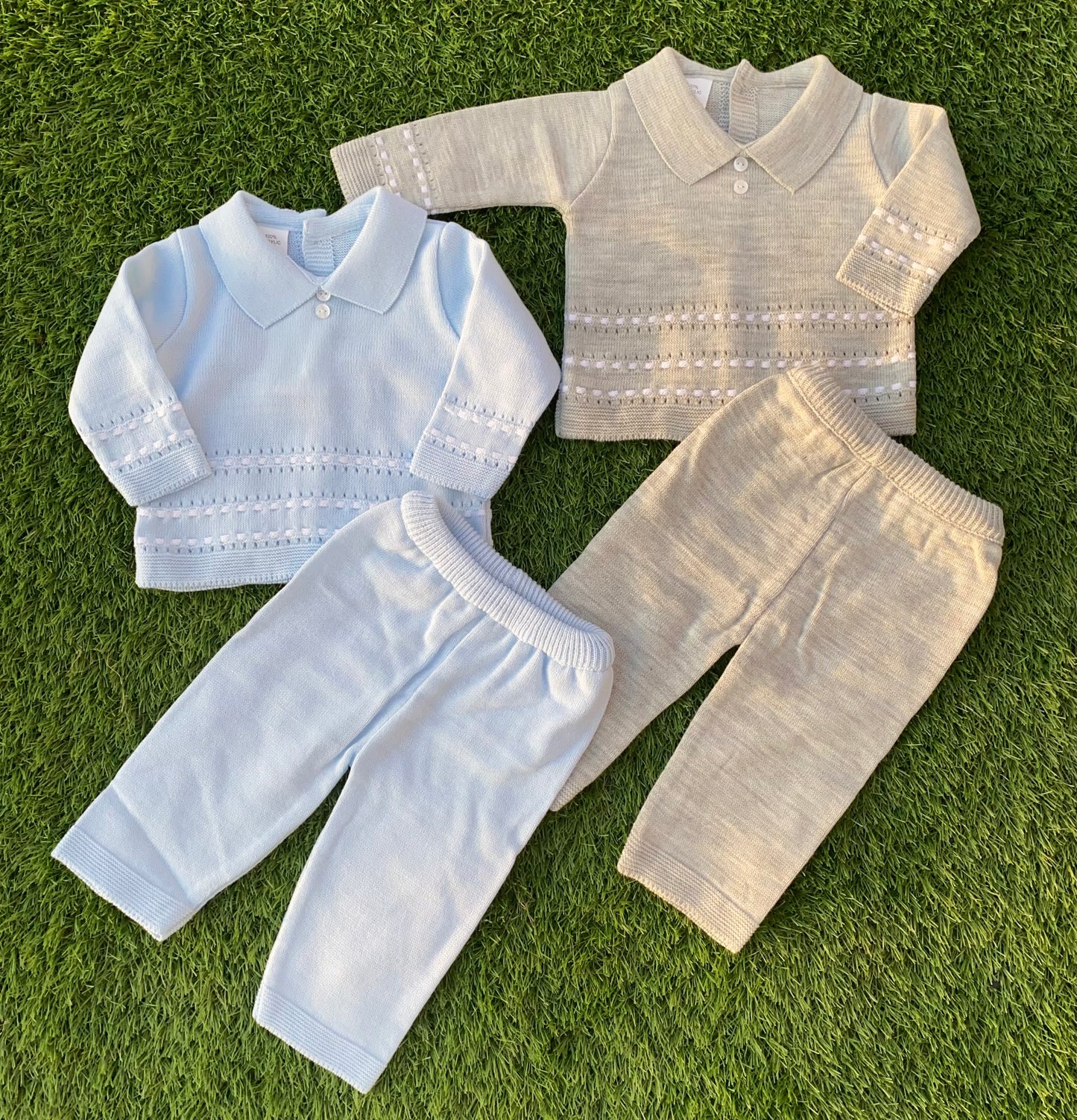 Traditional Spanish knit baby two-piece outfit with collared top and trousers