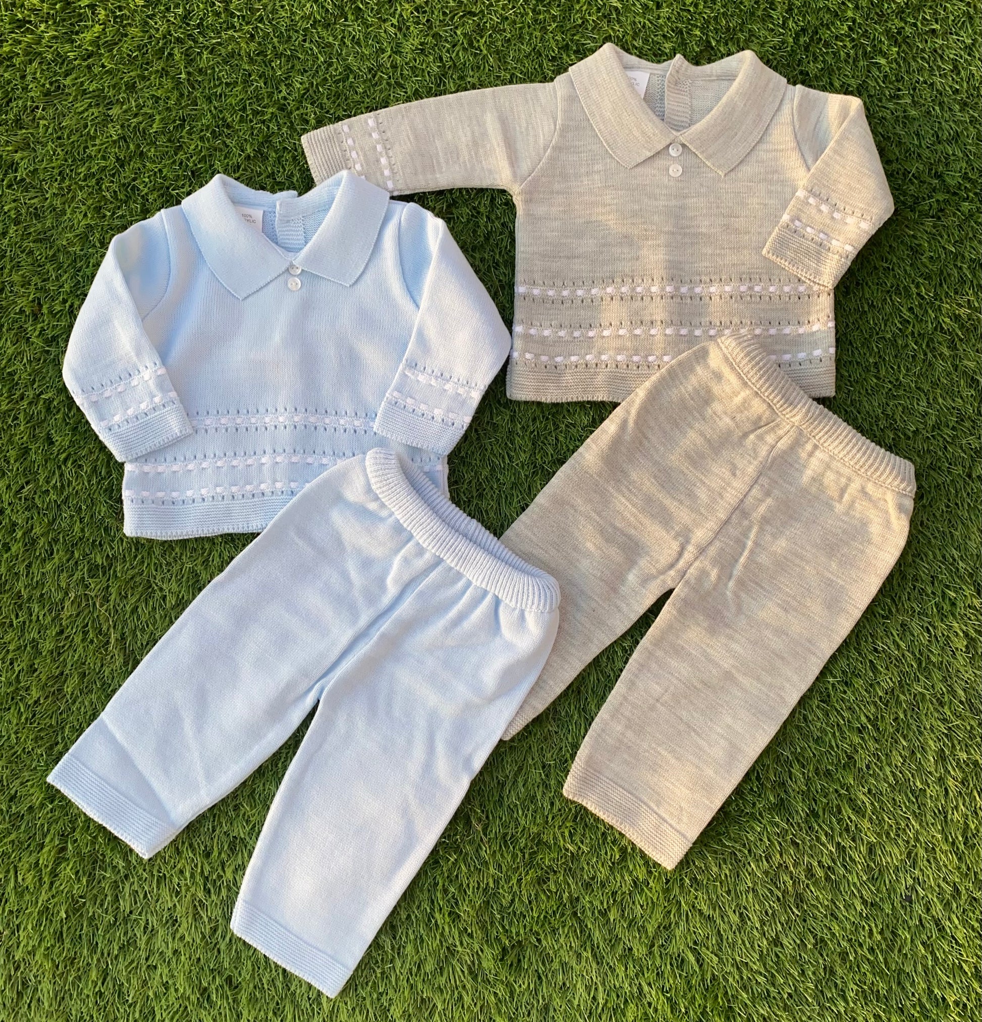Traditional Spanish knit baby two-piece outfit with collared top and trousers
