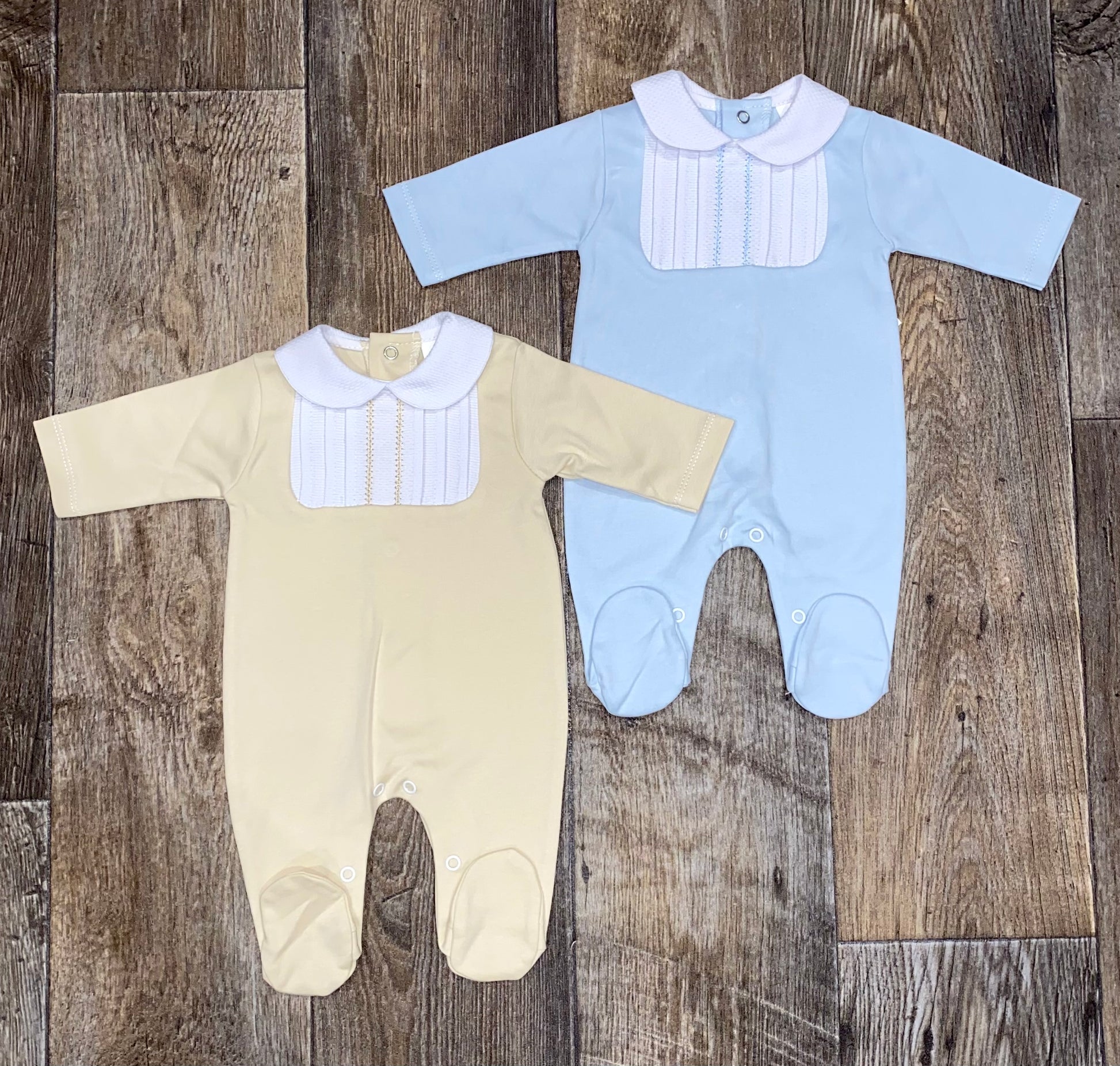 Traditional Spanish baby sleepsuit with pleated bib and Peter Pan collar