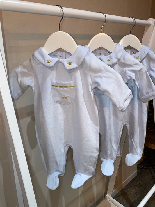 Pale blue baby sleepsuit with gold crown embroidery