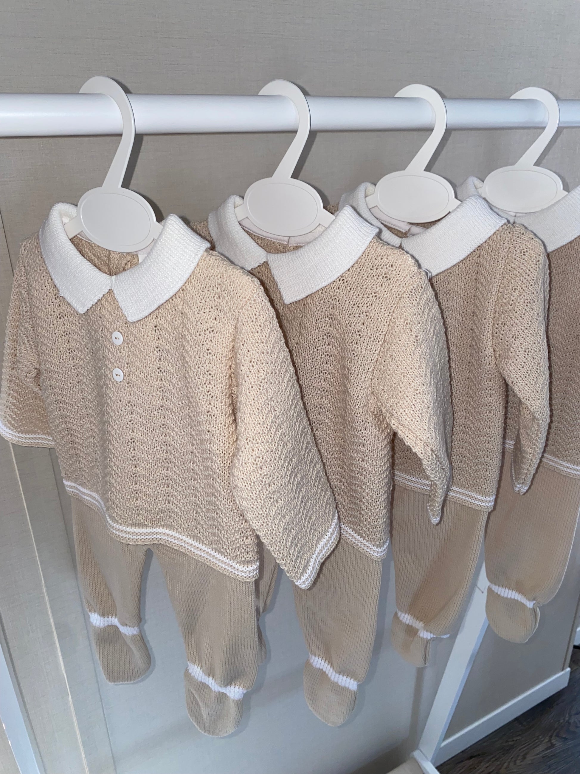 Neutral collared baby outfit - unisex baby knit top and trouser set