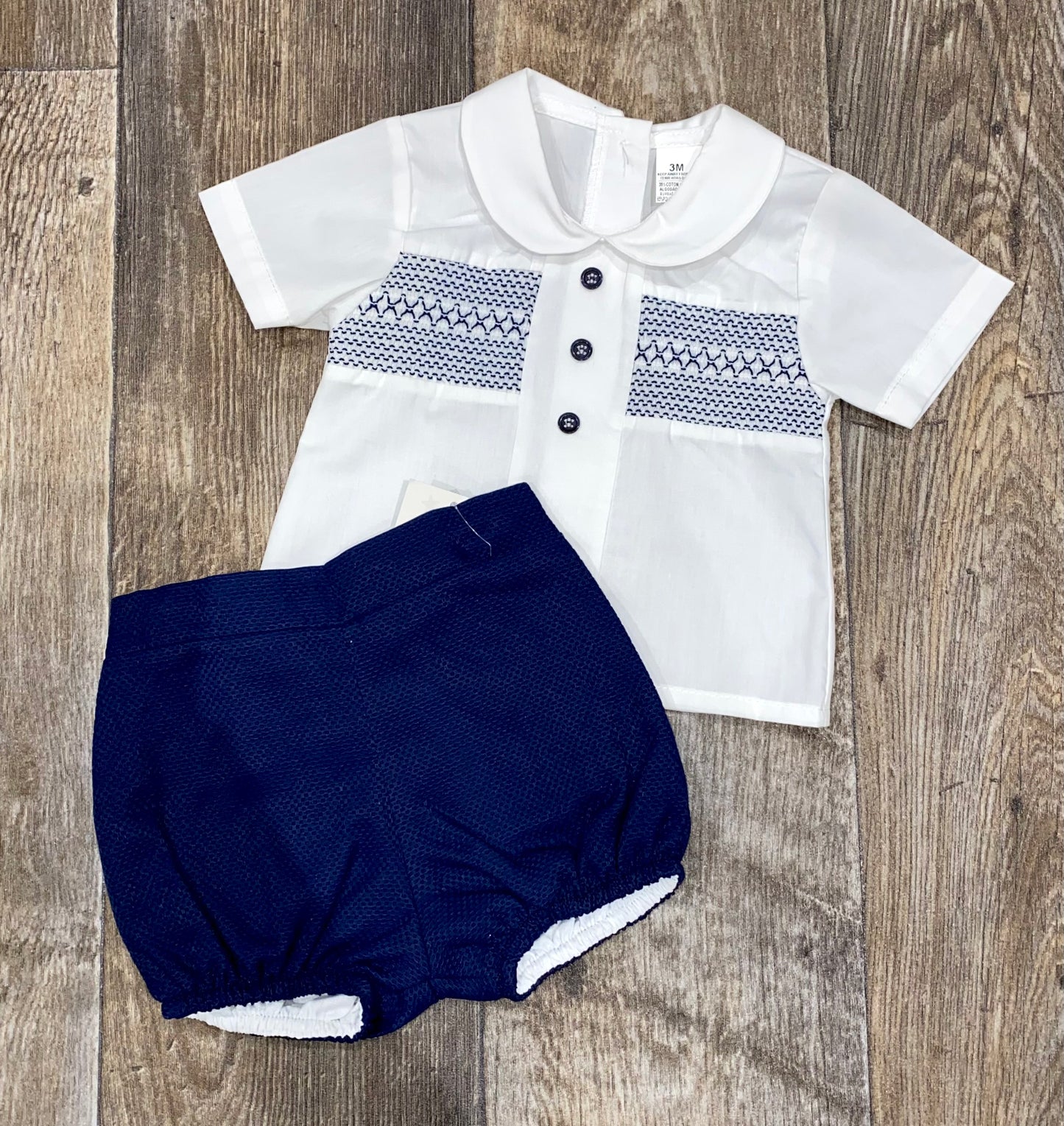 Traditional Spanish smocked baby shirt and navy bloomer set
