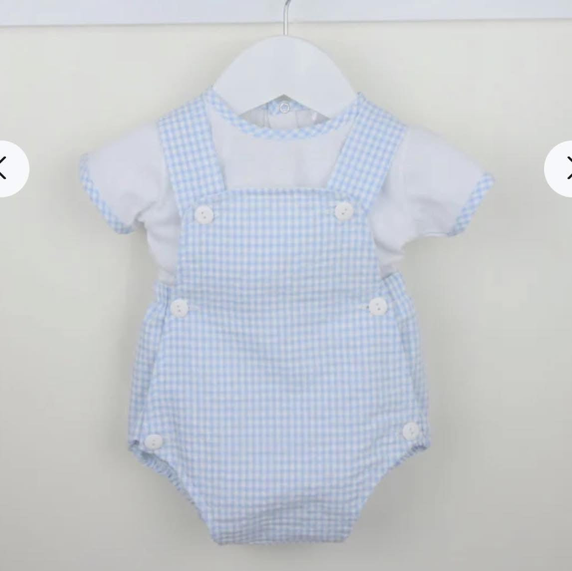 Blue gingham baby romper set with white shirt