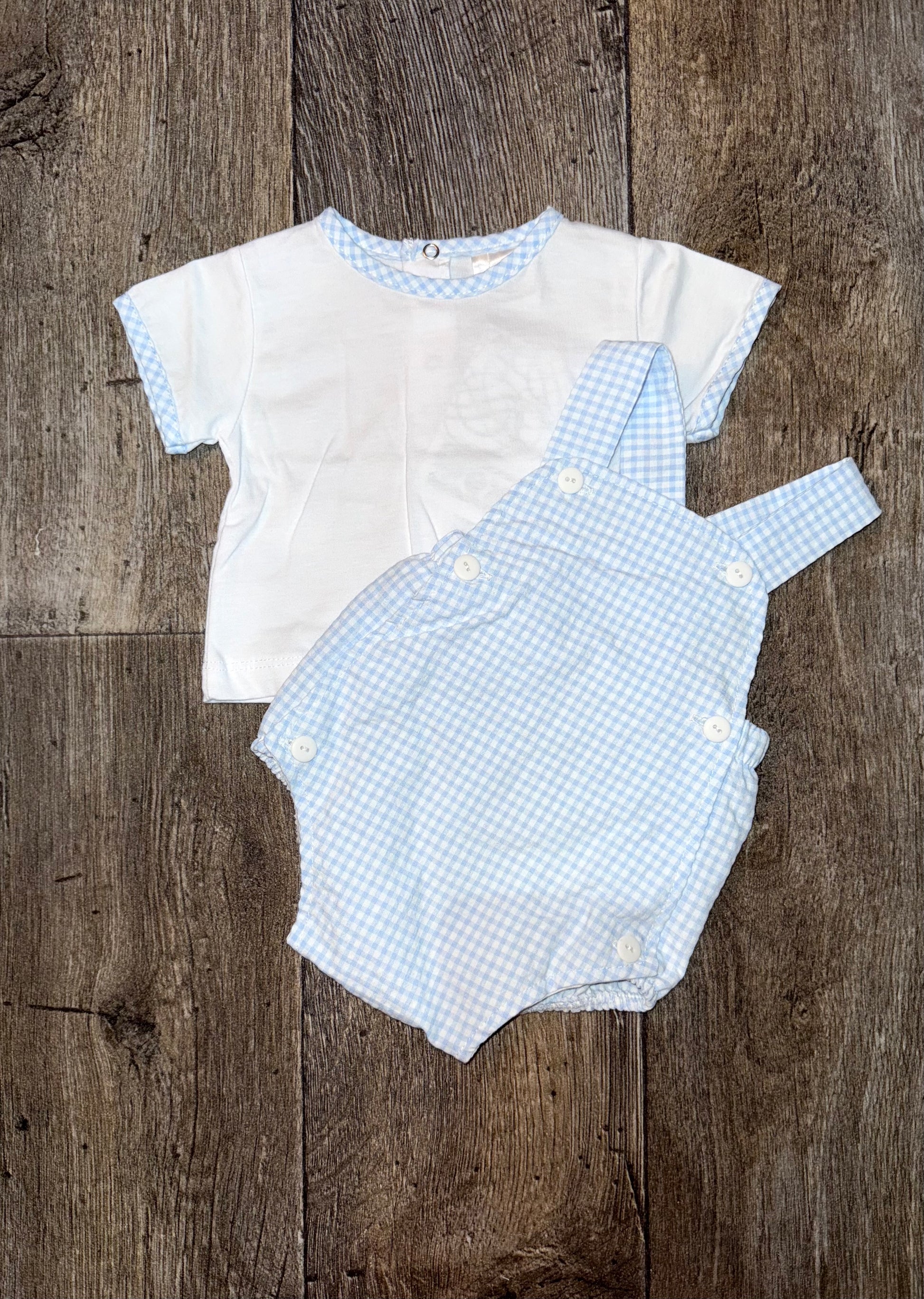 Traditional baby boy summer romper in blue gingham print
