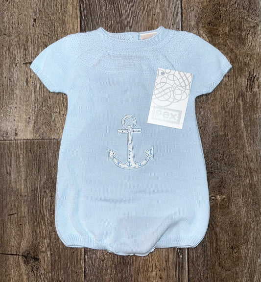 Pex blue knit romper, with anchor detail on front