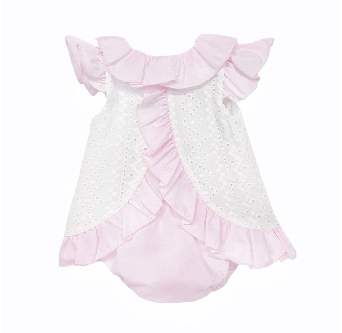Baby girl Wee Me white broderie dress with matching pink bloomers