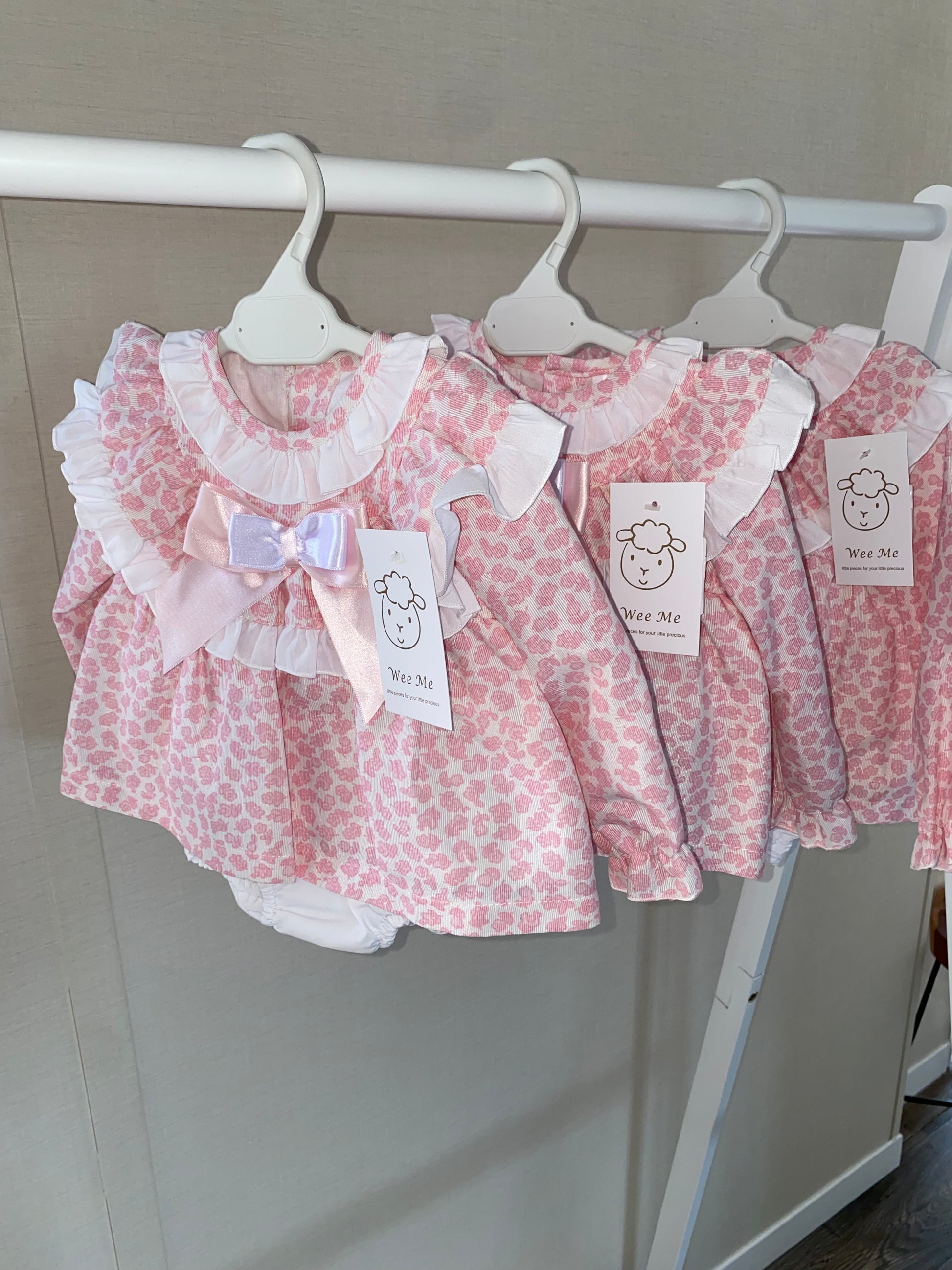 Baby girls pink leopard print long sleeve dress with matching knickers