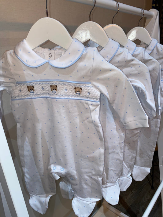 Blue dot baby sleepsuit with teddy embroidery