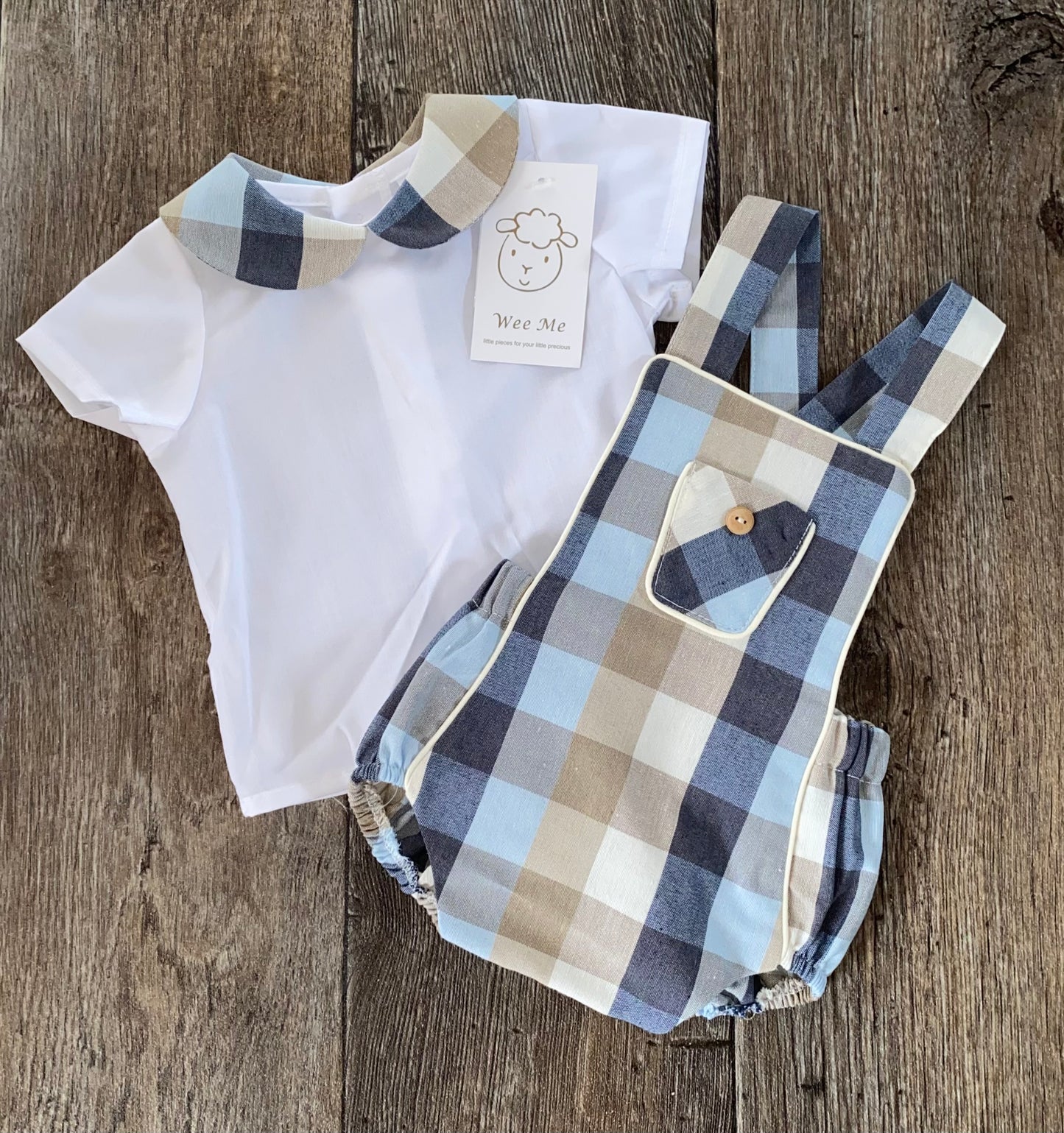 Blue and beige Wee Me check traditional baby dungaree set