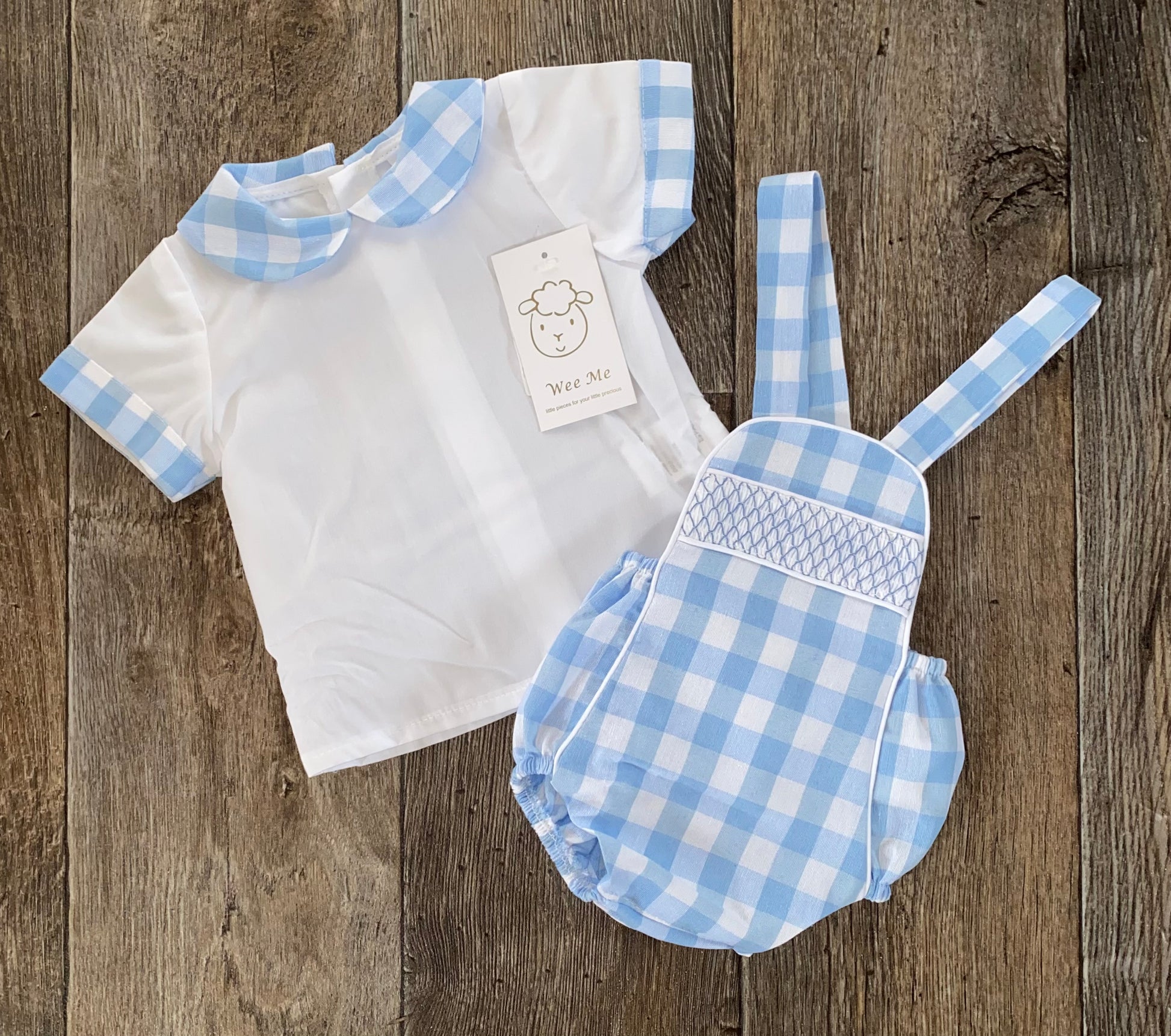 Blue Wee Me gingham baby dungaree set with smocking