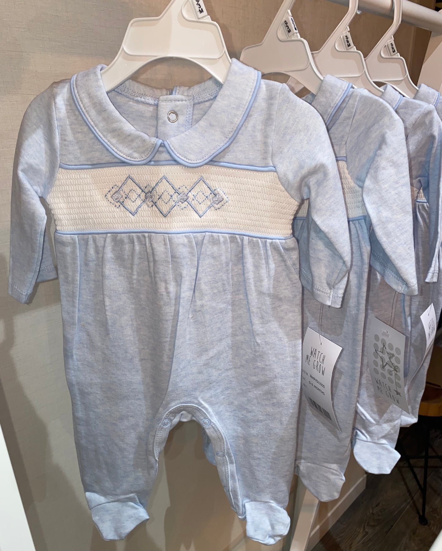 Baby blue smocked panel cotton sleepsuit