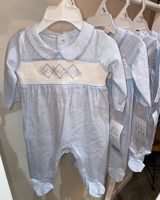 Baby blue smocked panel cotton sleepsuit