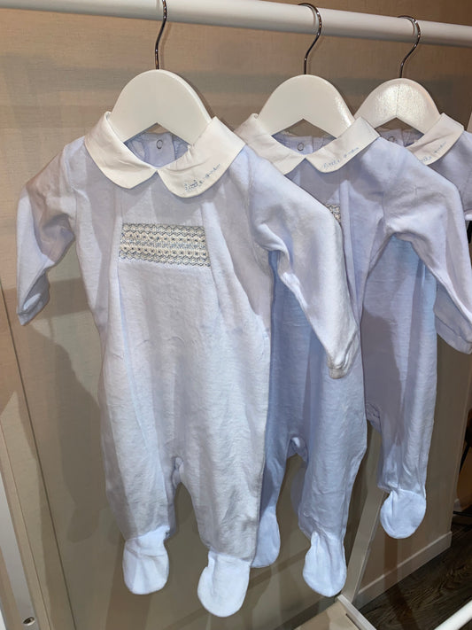 Baby blue velour smocked sleepsuit
