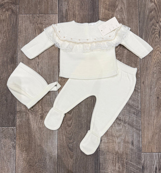 Cream knitted baby girl outfit with lace detail