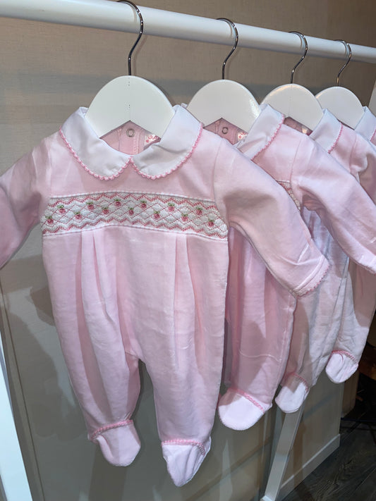 Blush pink floral smocked baby sleepsuit