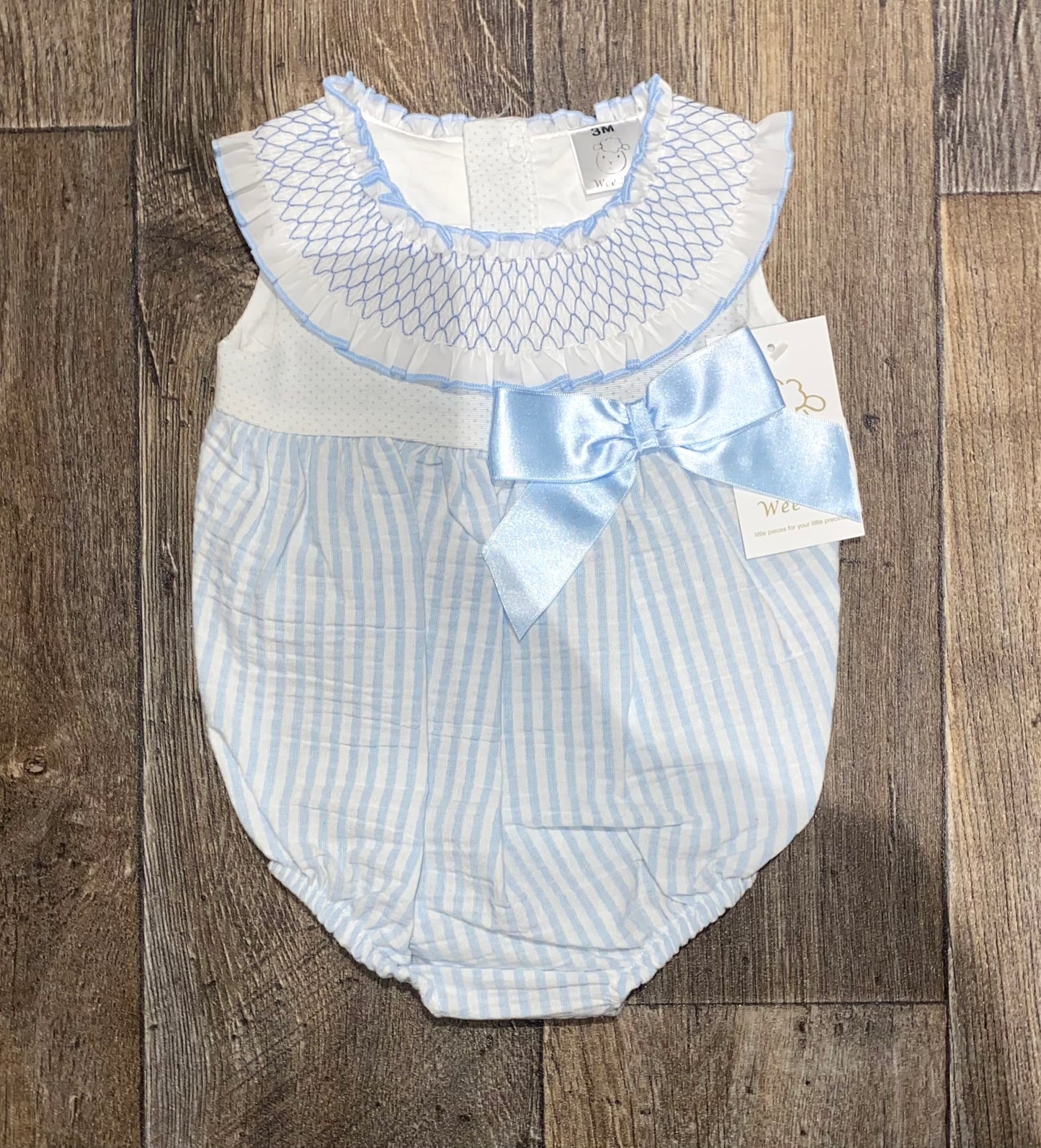 Wee Me Baby blue striped smocked baby girls romper