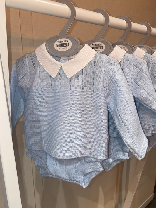 Sky blue knitted baby two piece set with white collar
