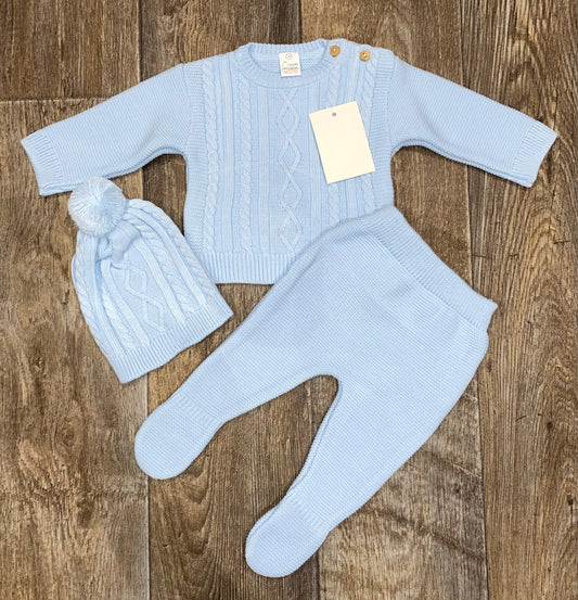 Blue cable knit baby boys outfit with pom hat