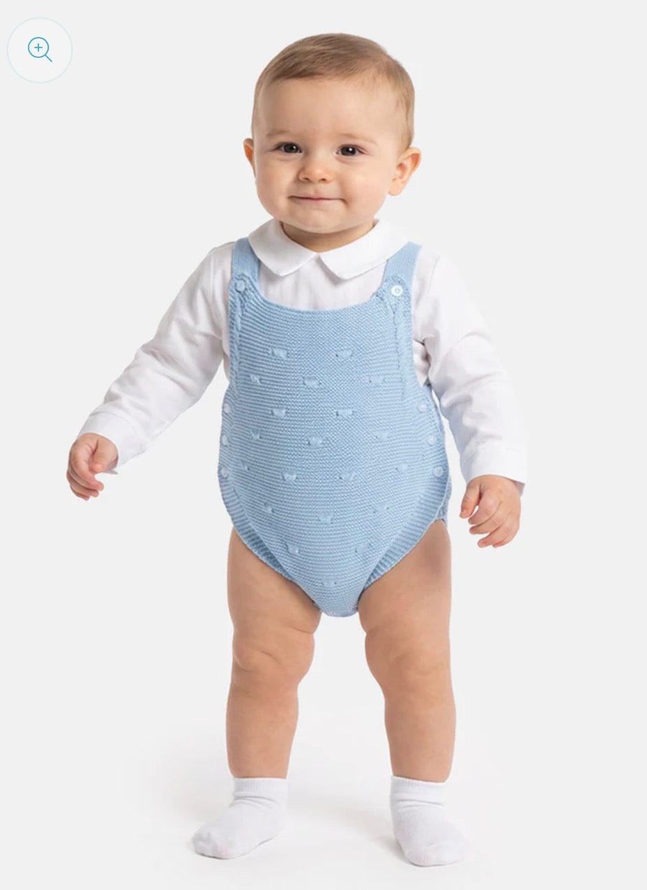 Blue knitted baby romper with white collar bodysuit