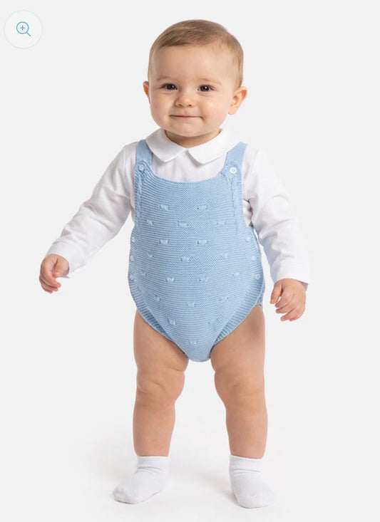 Blue knitted baby romper with white collar bodysuit