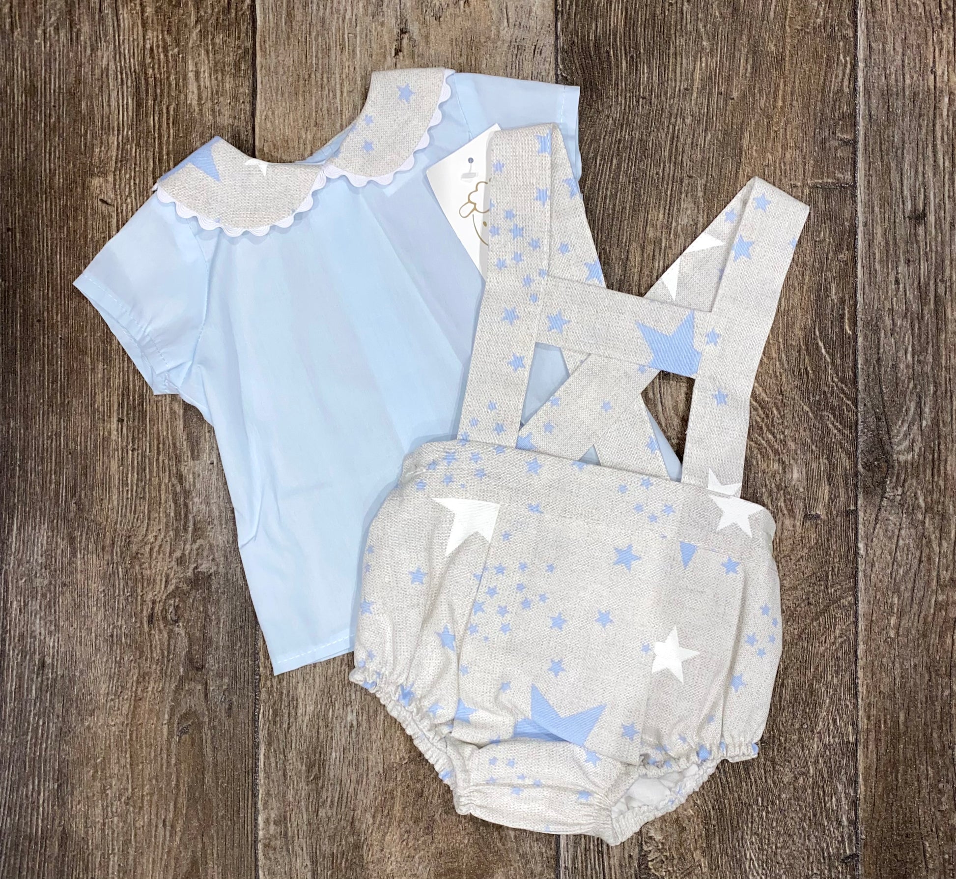Wee Me Blue star baby dungaree set with Peter Pan collar shirt
