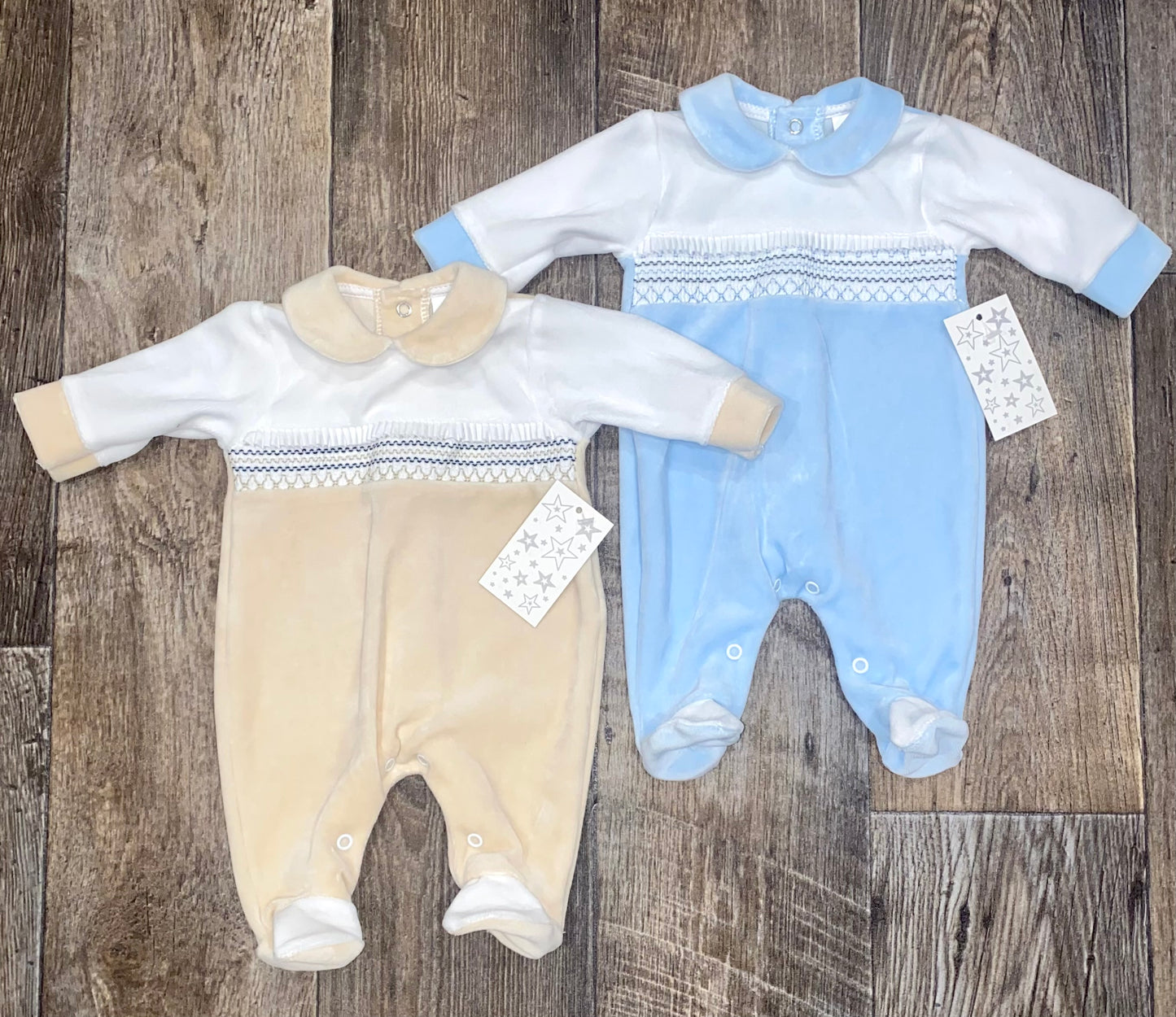 Traditional velour baby outfit in neutral and pastel tones