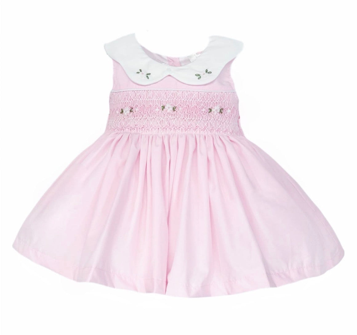 Wee Me Pink baby girl dress with hand-smocked bodice