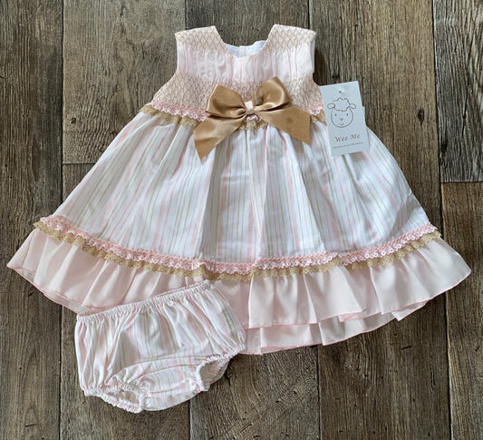 Pink stripe smocked baby girls dress with satin bow and matching bloomers