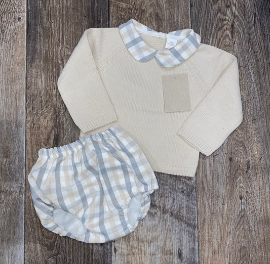 Classic knitted Spanish style baby outfit with Peter Pan collar