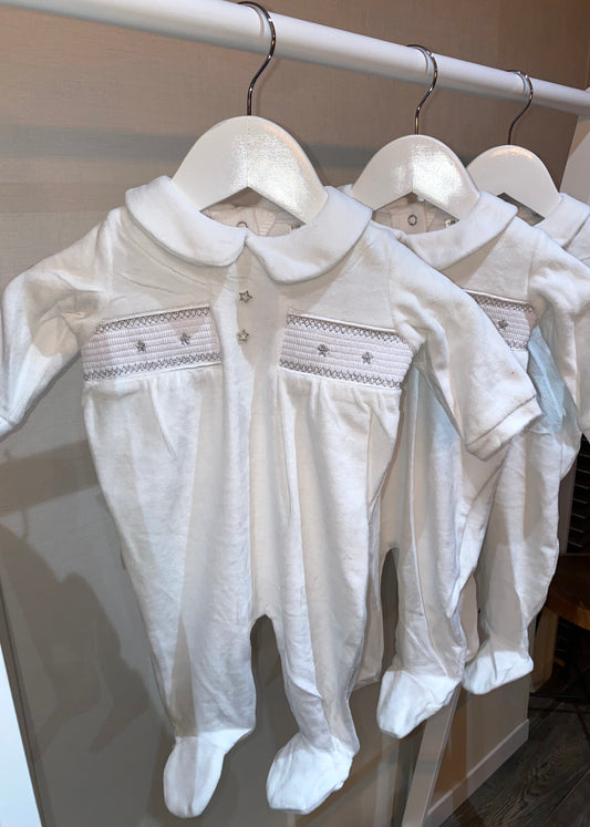 White velour smocked baby sleepsuit