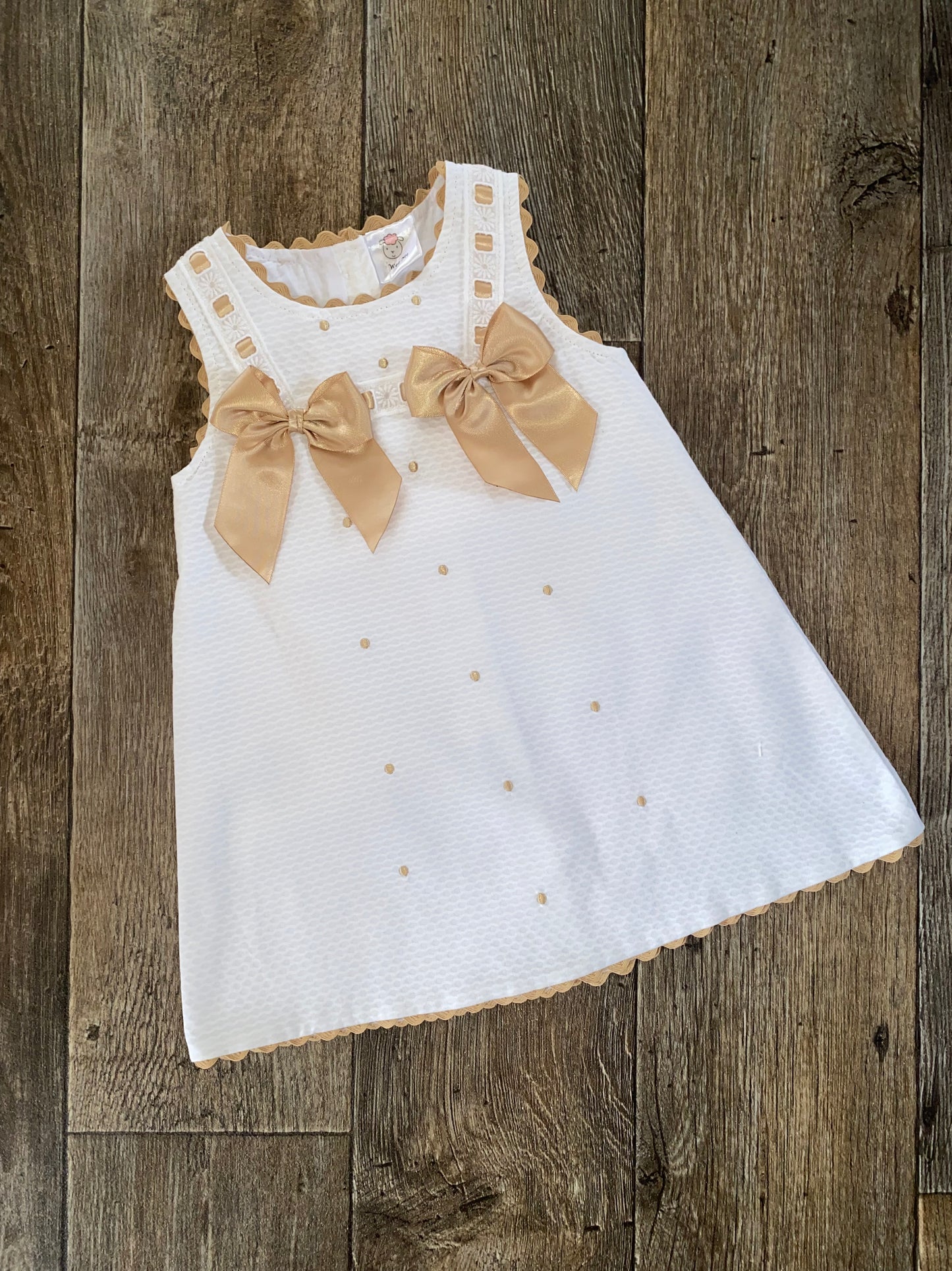 Wee Me White baby dress with champagne satin bows
