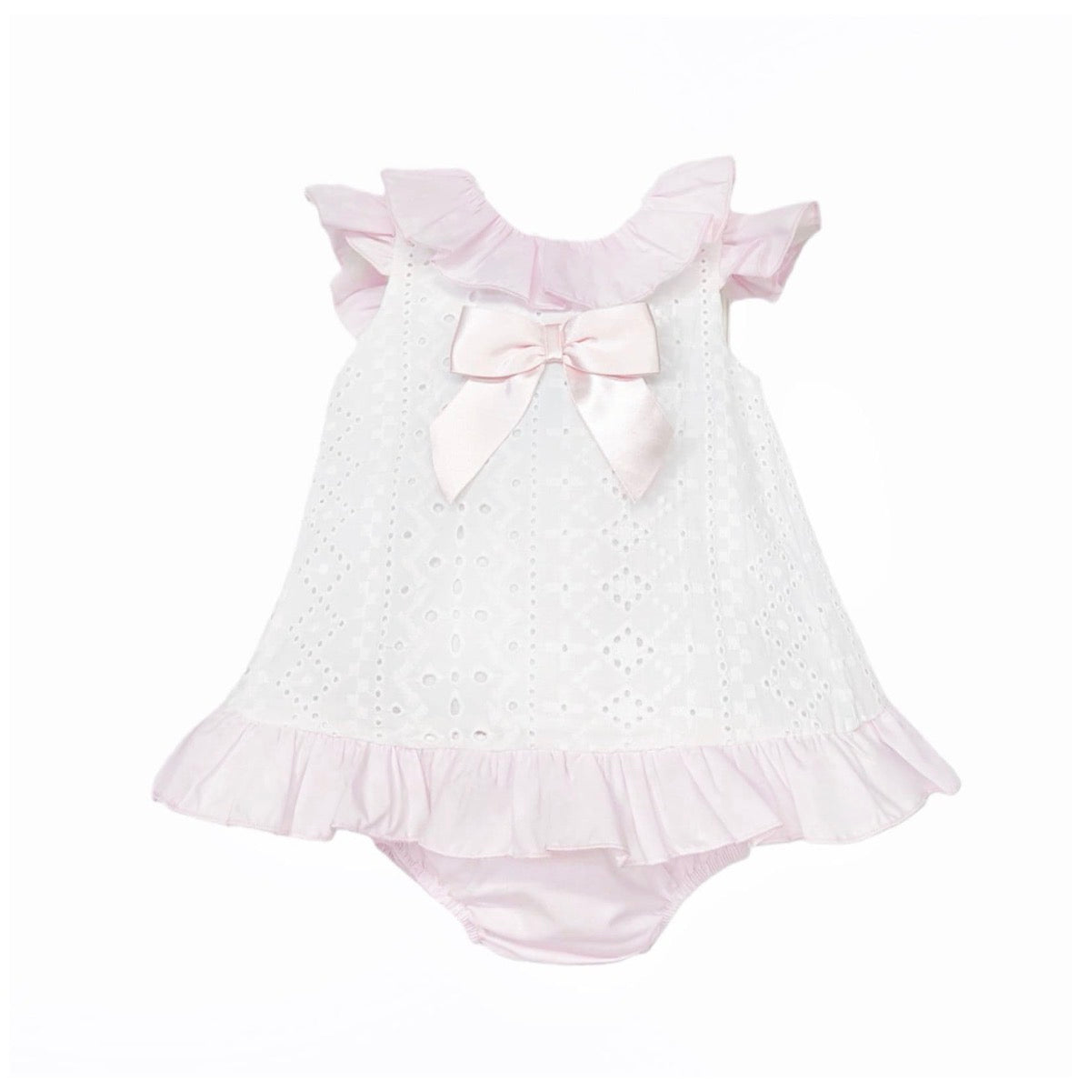 White Wee Me broderie baby girl dress with pink bow and matching pink bloomers
