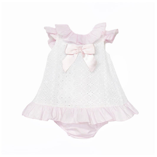 White Wee Me broderie baby girl dress with pink bow and matching pink bloomers
