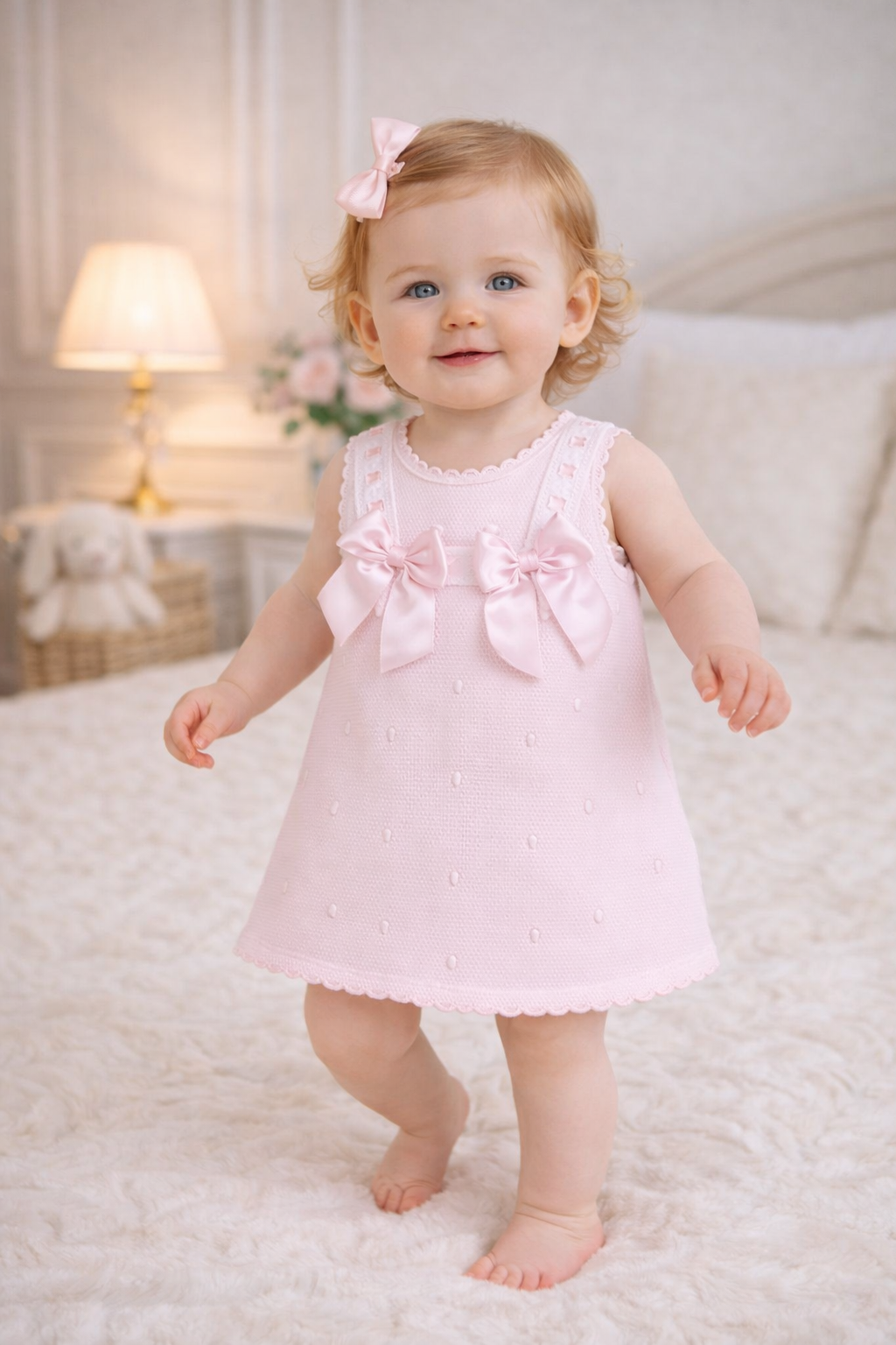 Baby Girls pink Wee Me dress with pink satin bows