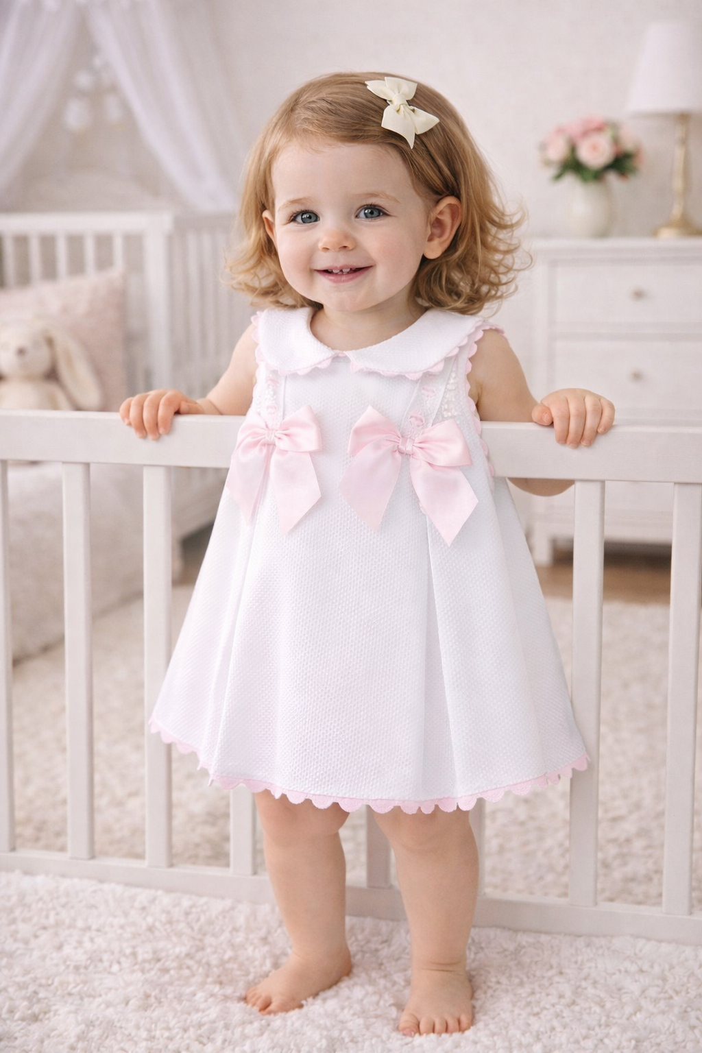 Wee Me White baby girl dress with pink satin bows