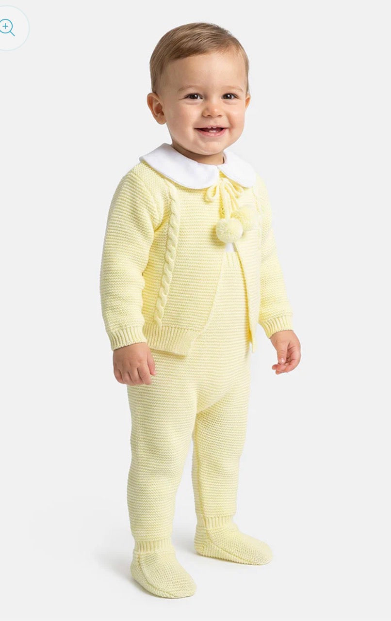 Lemon knitted baby set with pom pom cardigan